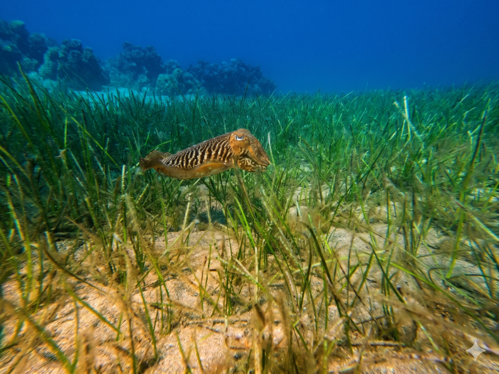 cuttle fish in abades swimming in the grass. A shot taken by the team of diving atlantis dive center located in los cristianos