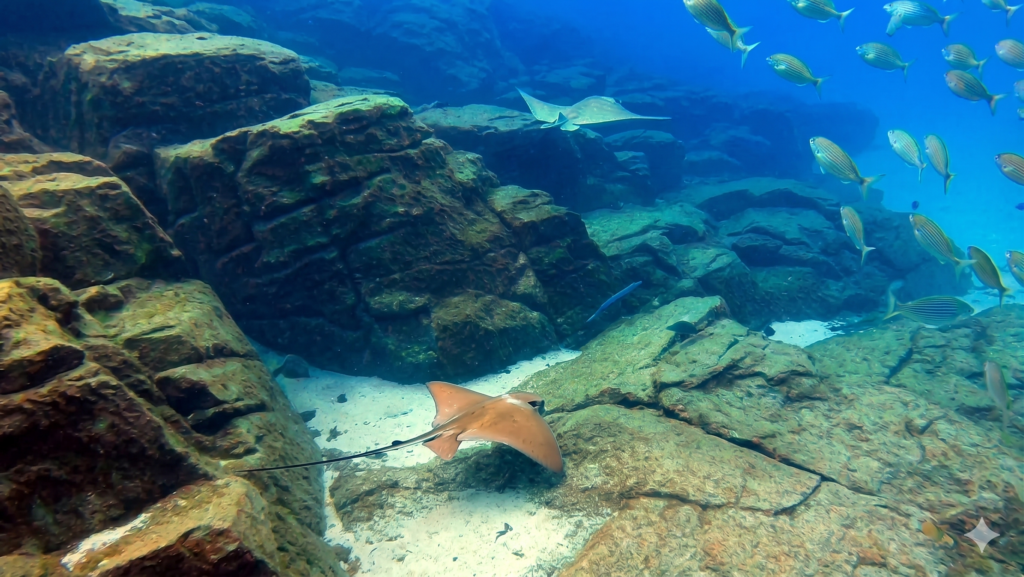 ray and a school of fish in Palm Mar dive site that is also called cueva de los camarones. frequently visited by diving atlantis
