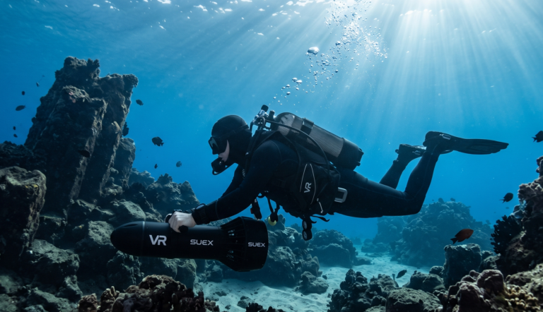 Wide landscape shot of a scuba diver in a full black wetsuit swimming from right to left, operating a black Diver Propulsion Vehicle (underwater scooter) with "VR" and "SUEX" branding. The diver is in a horizontal, prone position in clear blue water, with dramatic sunlight rays filtering down from the top right. The ocean floor features rugged, dark volcanic rock formations and reefs characteristic of Tenerife, mixed with patches of sand and a few small fish swimming nearby.